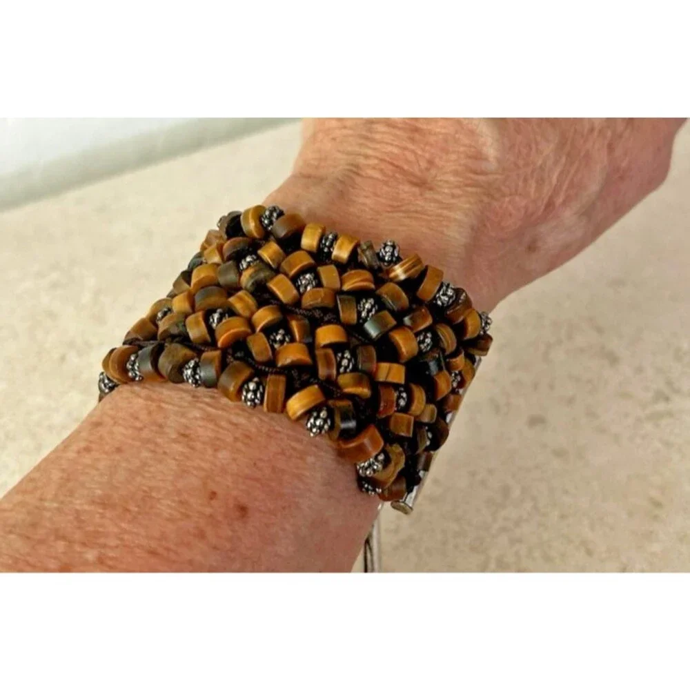 Kenneth Cole Wide Multistrand Brown Beaded Bracelet Signed with T Clasp